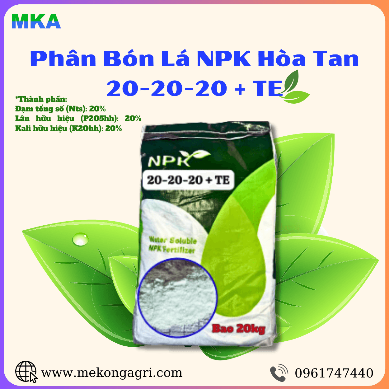 Phân Bón Lá NPK 20-20-20 + TE Hòa Tan - Giải pháp dinh dưỡng toàn diện cho cây trồng